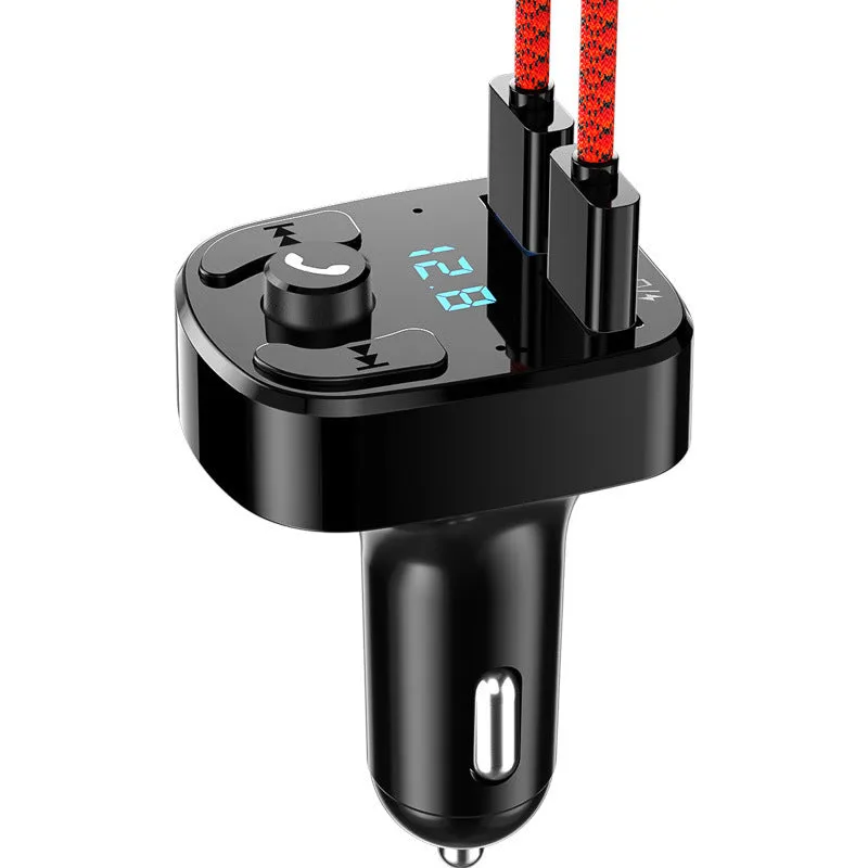 Car MP3 player Bluetooth 5.0 FM transmitter with blue digital display and dual USB ports for 12V-24V vehicles