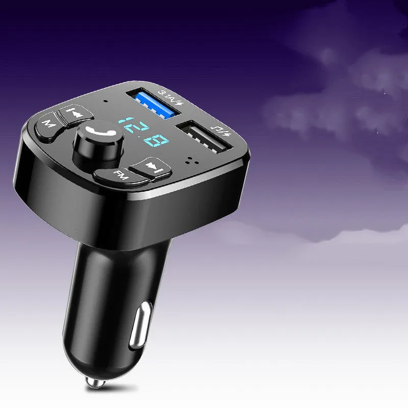 Car MP3 player Bluetooth 5.0 FM transmitter with blue digital display and dual USB ports for 12V-24V vehicles