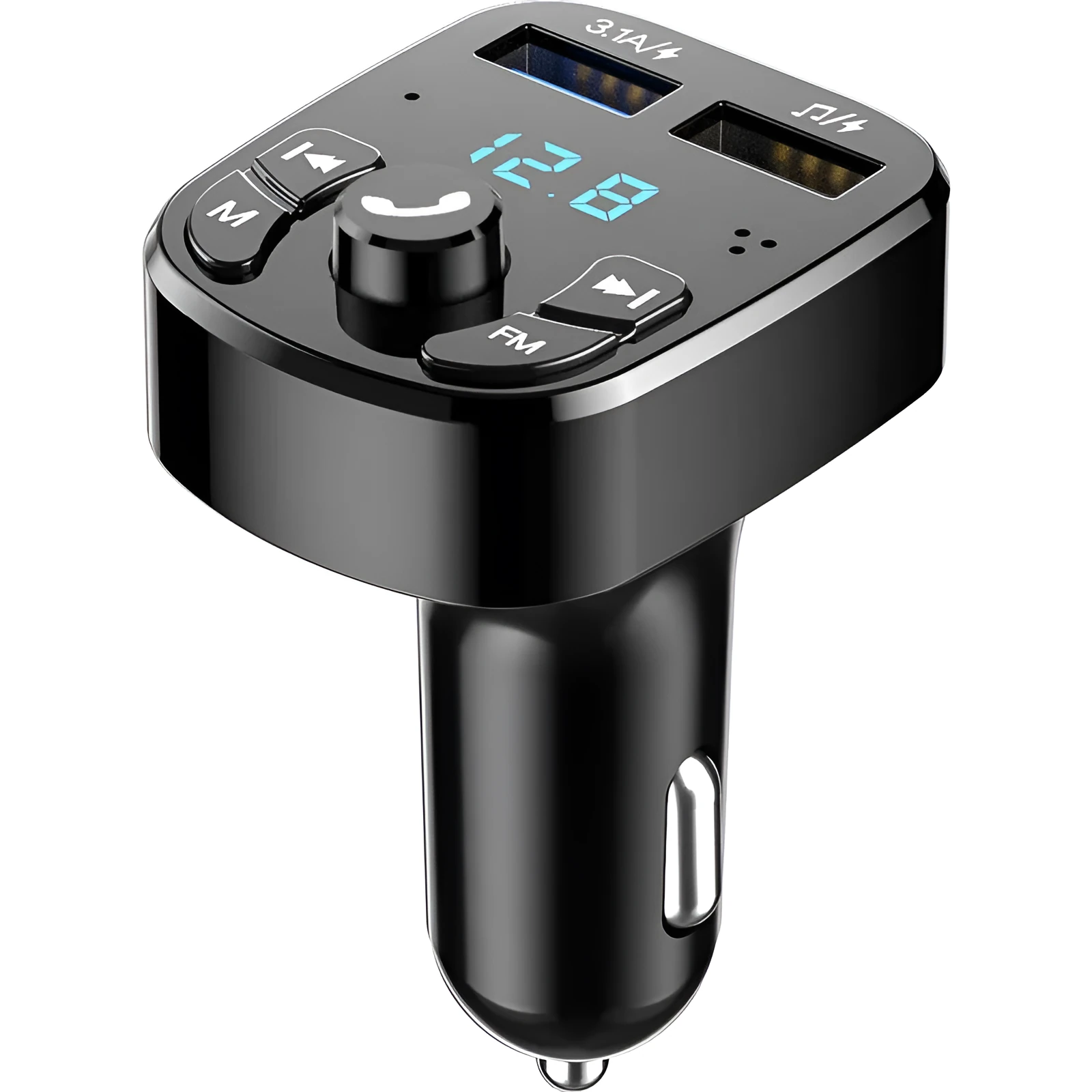 Car MP3 player Bluetooth 5.0 FM transmitter with blue digital display and dual USB ports for 12V-24V vehicles