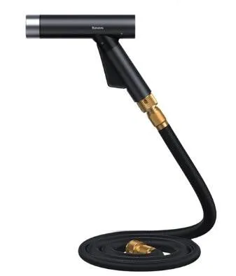 High-pressure aluminium alloy car wash water gun with telescopic nozzle connected to an explosion-proof TPE hose outdoors