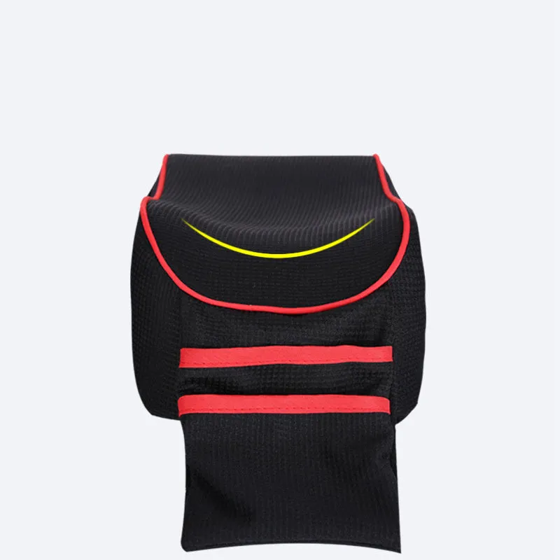 Sports knitted fabric car armrest box pad in Black Red colour on a car centre console. Measures 16x30cm.