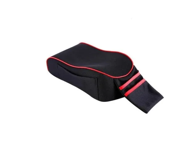 Sports knitted fabric car armrest box pad in Black Red colour on a car centre console. Measures 16x30cm.