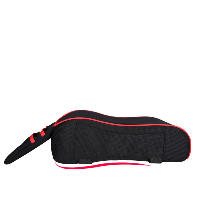 Sports knitted fabric car armrest box pad in Black Red colour on a car centre console. Measures 16x30cm.
