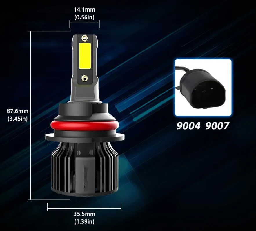 6000K white LED car headlight bulb with adjustable chuck and connector for H7, 9005 fitments.