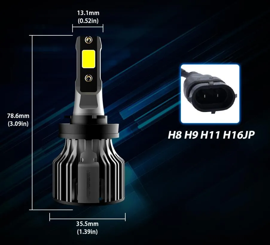 6000K white LED car headlight bulb with adjustable chuck and connector for H7, 9005 fitments.