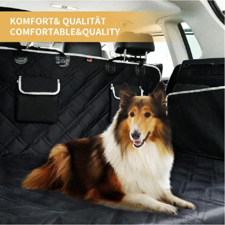 Black Oxford cloth car pet mat on a car seat, designed to protect upholstery from dog mess