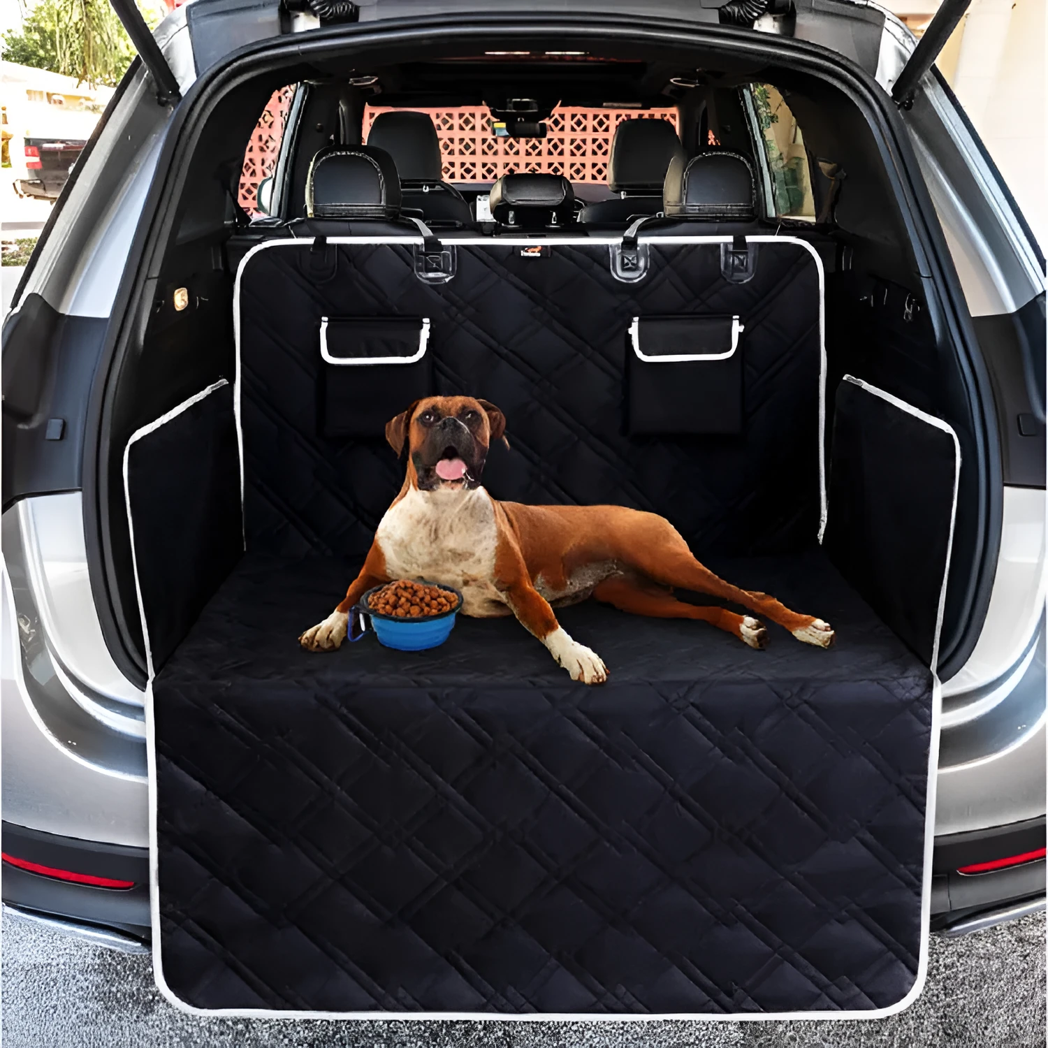 Black Oxford cloth car pet mat on a car seat, designed to protect upholstery from dog mess