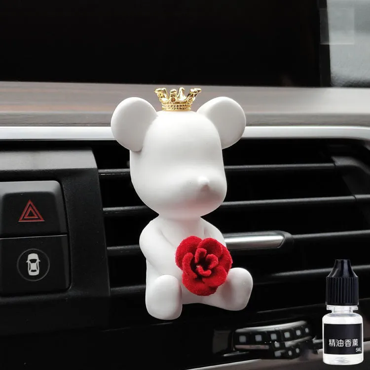 Car mounted gypsum bear perfume accessory clipped to air outlet, black rivet bear design, 7cm tall