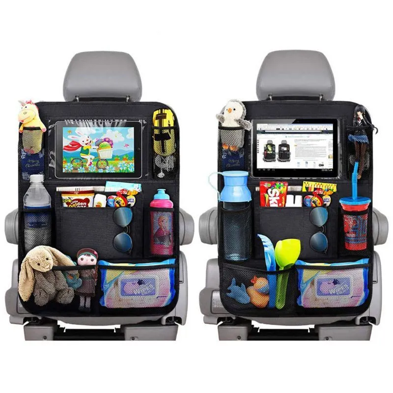 Black Oxford fabric car seat back pocket storage bag measuring 61x41cm