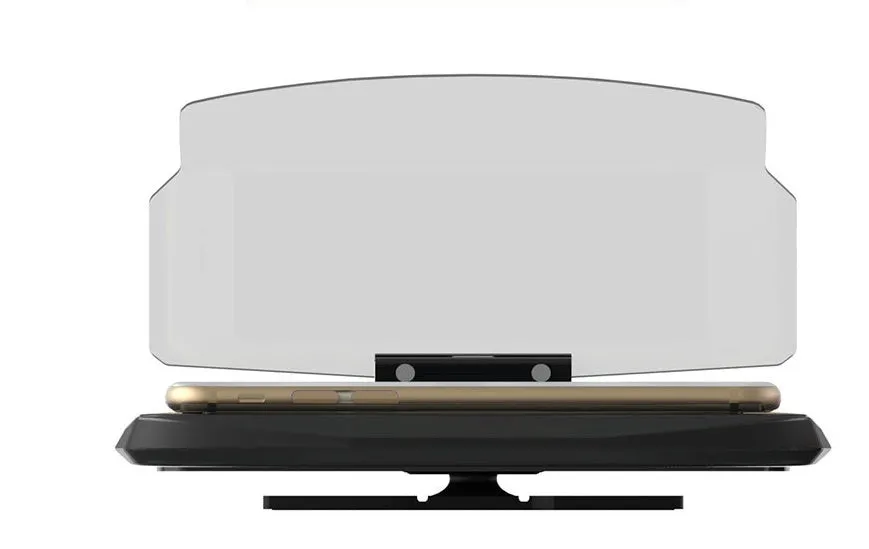 Black car HUD navigation bracket with reflective film and 3M adhesive feet on a dashboard