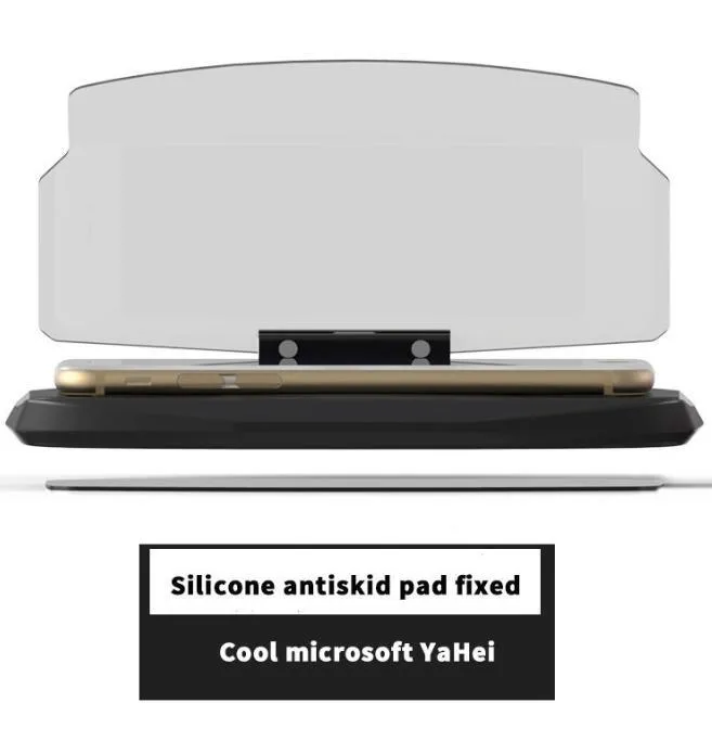 Black car HUD navigation bracket with reflective film and 3M adhesive feet on a dashboard