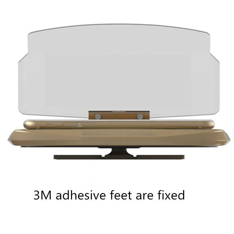 Black car HUD navigation bracket with reflective film and 3M adhesive feet on a dashboard