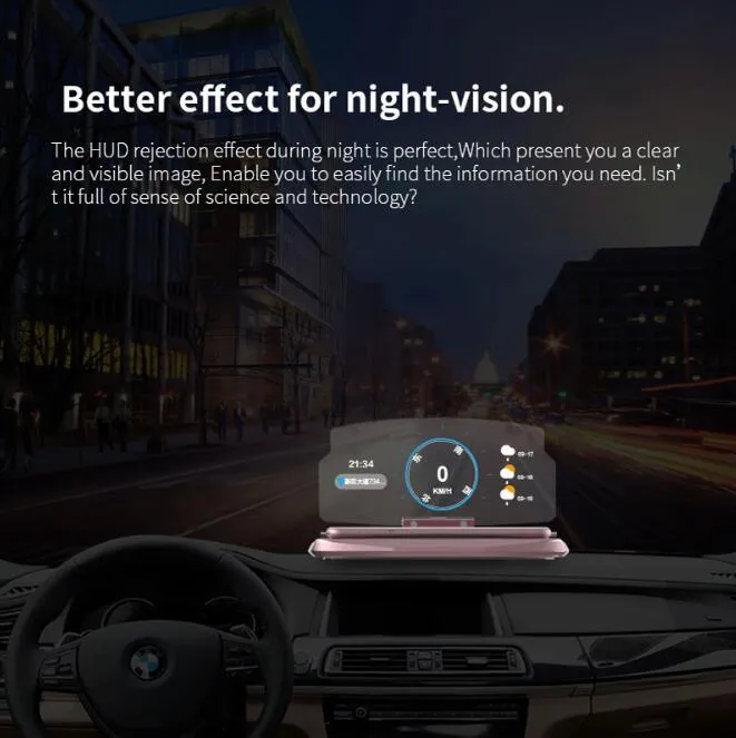 Black car HUD navigation bracket with reflective film and 3M adhesive feet on a dashboard