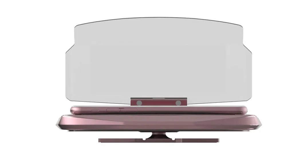 Black car HUD navigation bracket with reflective film and 3M adhesive feet on a dashboard