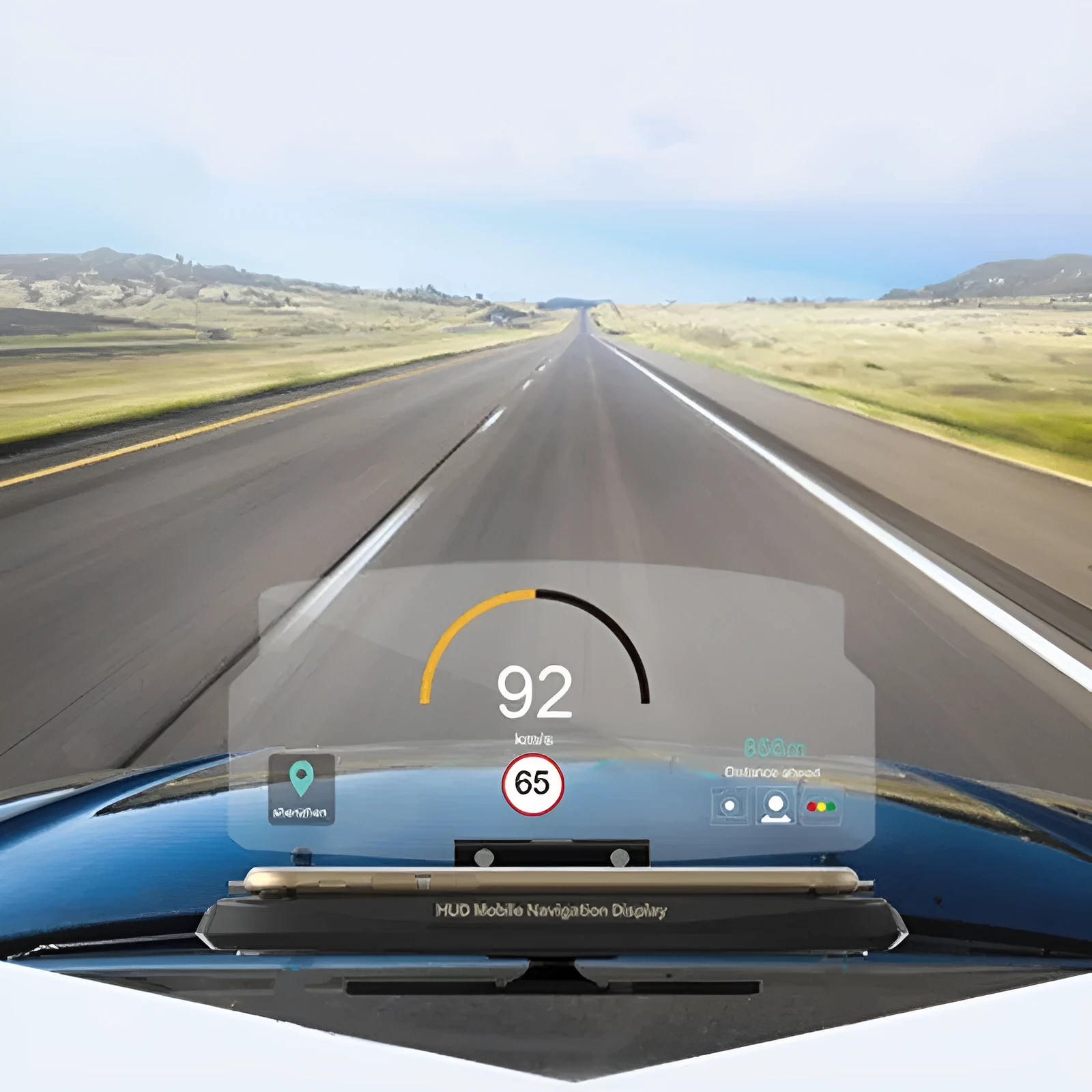 Black car HUD navigation bracket with reflective film and 3M adhesive feet on a dashboard
