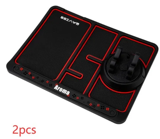 Non-slip car phone pad in black with red edge, showing 4-in-1 functions including phone holder and aromatherapy holes