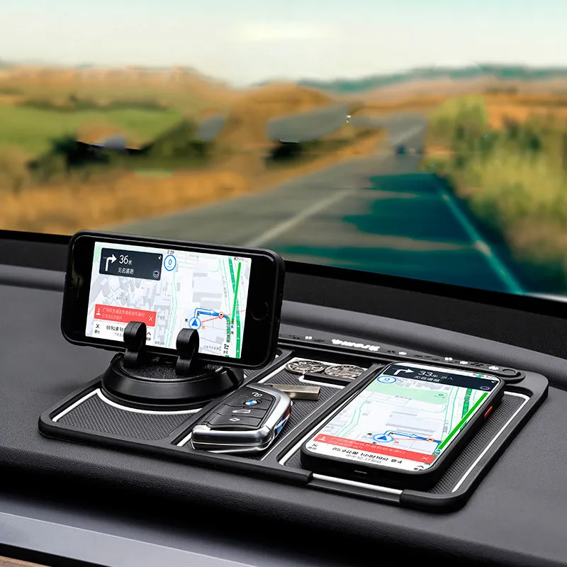 Non-slip car phone pad in black with red edge, showing 4-in-1 functions including phone holder and aromatherapy holes