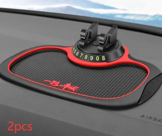 Non-slip car phone pad in black with red edge, showing 4-in-1 functions including phone holder and aromatherapy holes