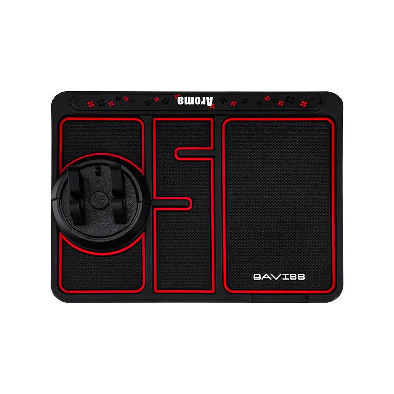 Non-slip car phone pad in black with red edge, showing 4-in-1 functions including phone holder and aromatherapy holes