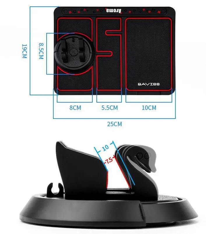 Non-slip car phone pad in black with red edge, showing 4-in-1 functions including phone holder and aromatherapy holes
