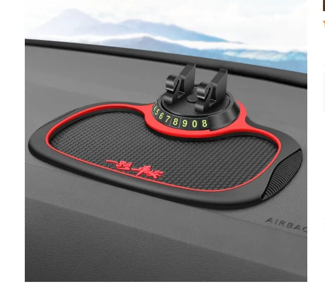 Non-slip car phone pad in black with red edge, showing 4-in-1 functions including phone holder and aromatherapy holes