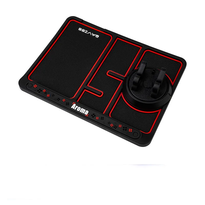 Non-slip car phone pad in black with red edge, showing 4-in-1 functions including phone holder and aromatherapy holes