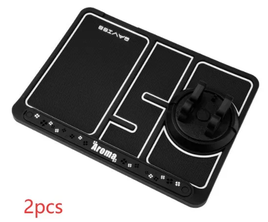 Non-slip car phone pad in black with red edge, showing 4-in-1 functions including phone holder and aromatherapy holes