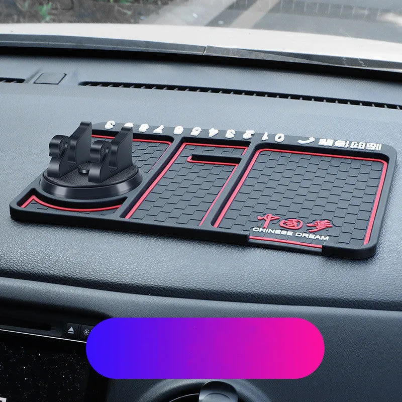 Non-slip car phone pad in black with red edge, showing 4-in-1 functions including phone holder and aromatherapy holes
