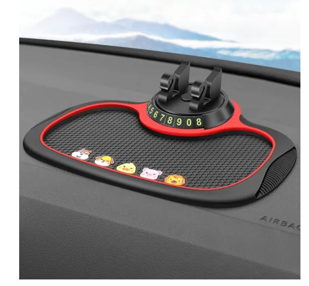 Non-slip car phone pad in black with red edge, showing 4-in-1 functions including phone holder and aromatherapy holes