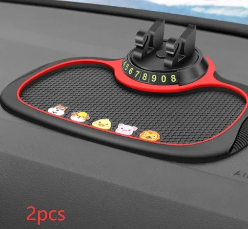 Non-slip car phone pad in black with red edge, showing 4-in-1 functions including phone holder and aromatherapy holes