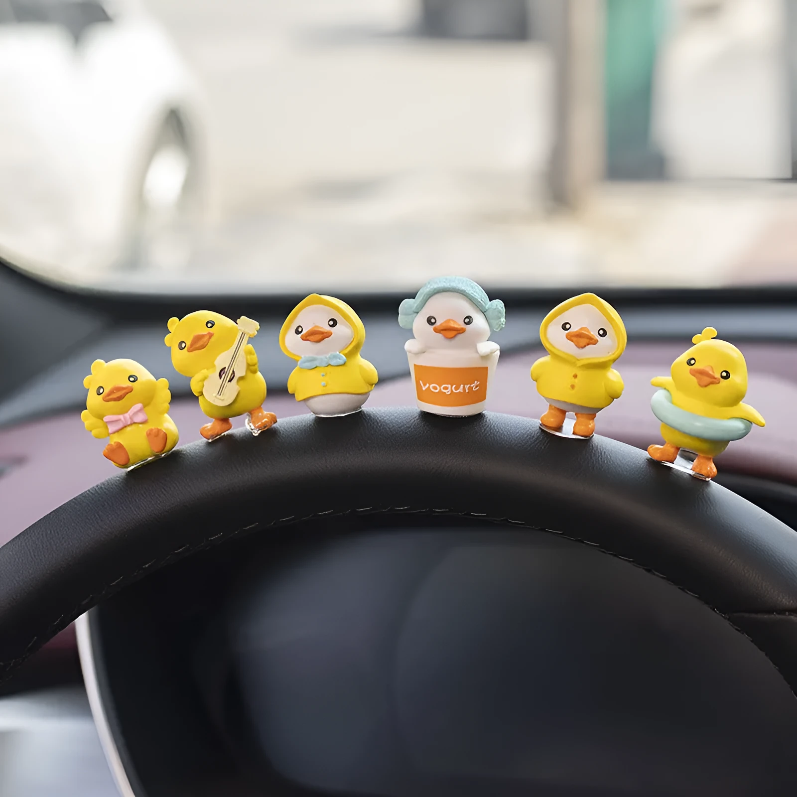 PVC cartoon duckling car decoration set with six figures and one plastic sign for dashboard