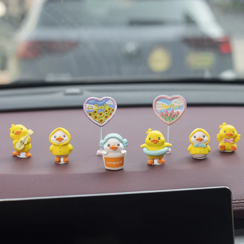 PVC cartoon duckling car decoration set with six figures and one plastic sign for dashboard