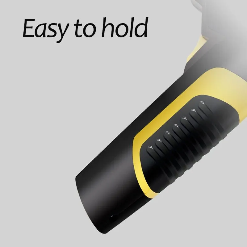 Black handheld digital LED car air compressor with 120W power and auto stop on a dark background