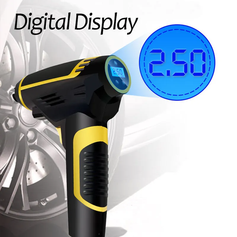 Black handheld digital LED car air compressor with 120W power and auto stop on a dark background