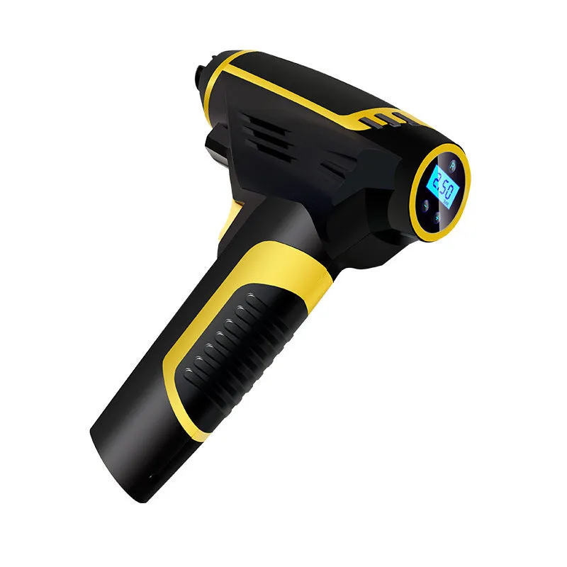Black handheld digital LED car air compressor with 120W power and auto stop on a dark background