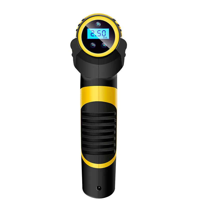 Black handheld digital LED car air compressor with 120W power and auto stop on a dark background