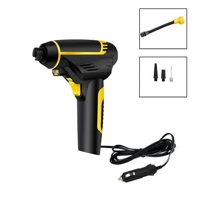 Black handheld digital LED car air compressor with 120W power and auto stop on a dark background