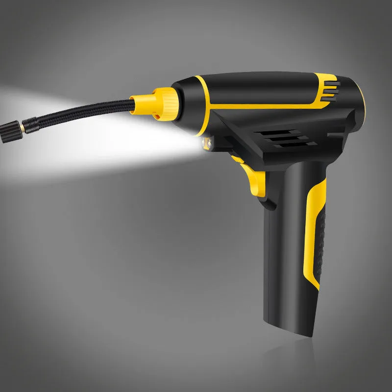 Black handheld digital LED car air compressor with 120W power and auto stop on a dark background