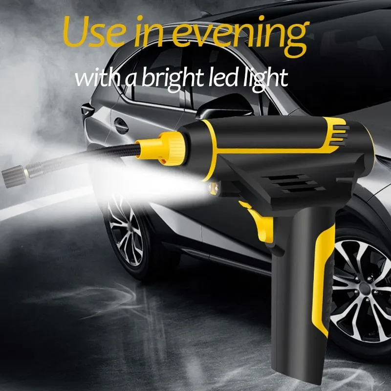 Black handheld digital LED car air compressor with 120W power and auto stop on a dark background