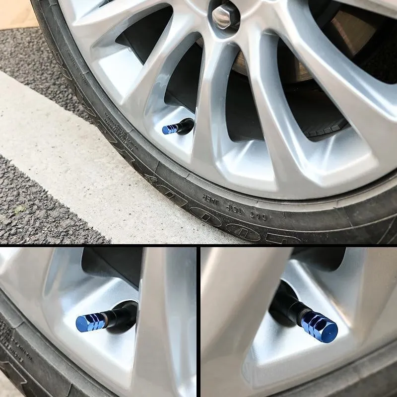 Set of ten aluminium alloy car valve caps in blue, red, silver, gold and black on a white background