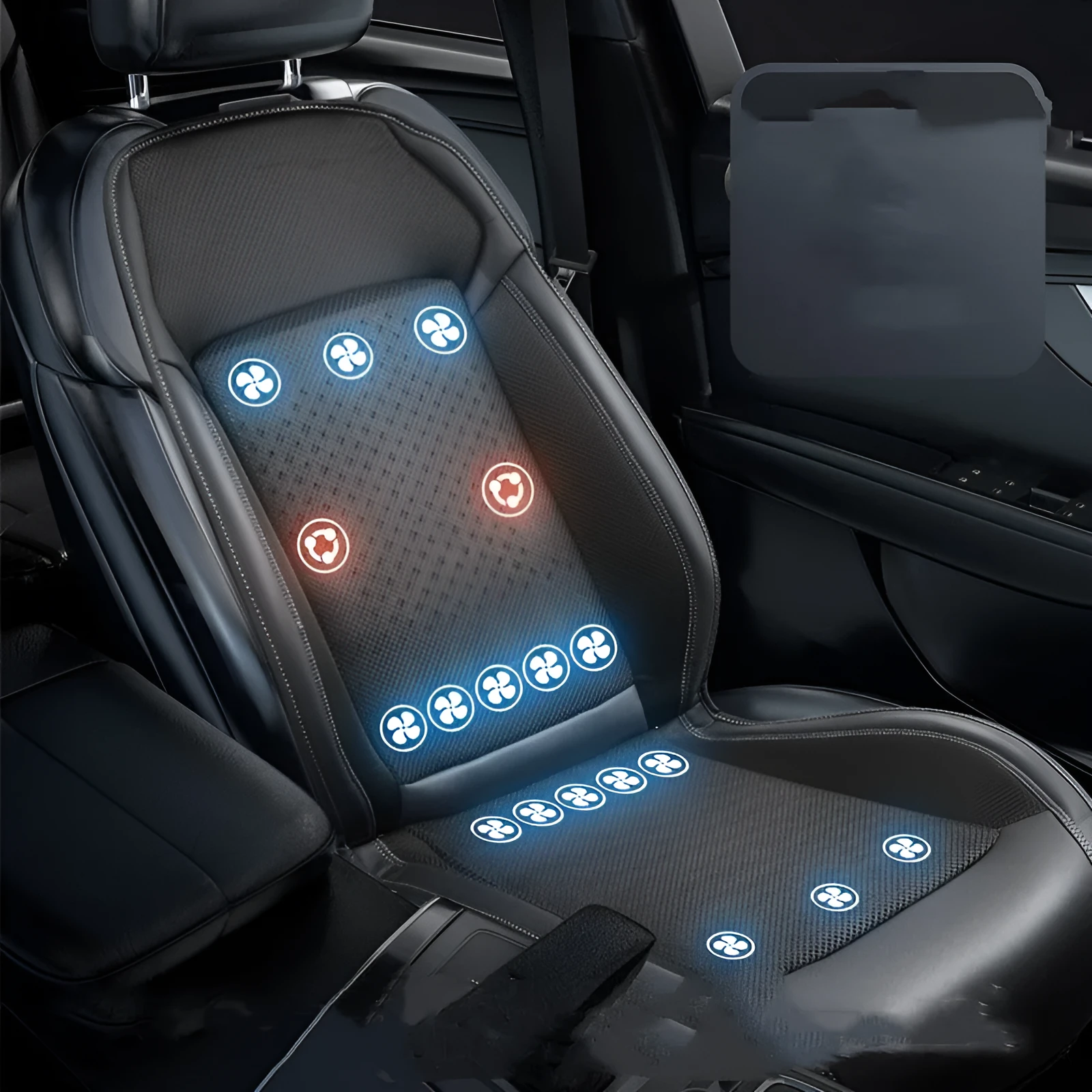 Black car seat cooling pad with minimalist design and USB power cable for 12V/24V systems.