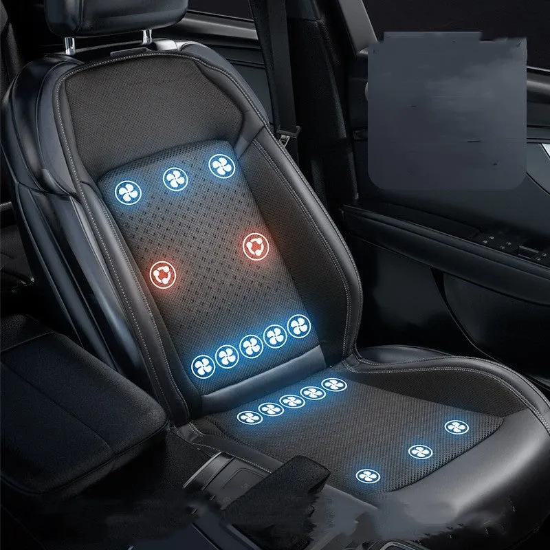 Black car seat cooling pad with minimalist design and USB power cable for 12V/24V systems.