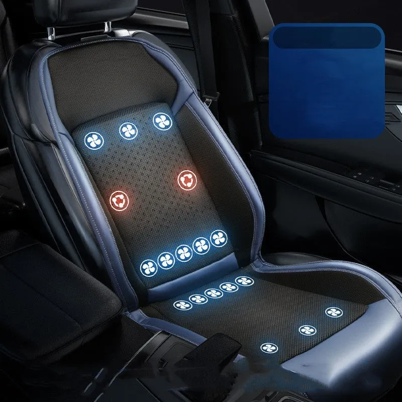 Black car seat cooling pad with minimalist design and USB power cable for 12V/24V systems.