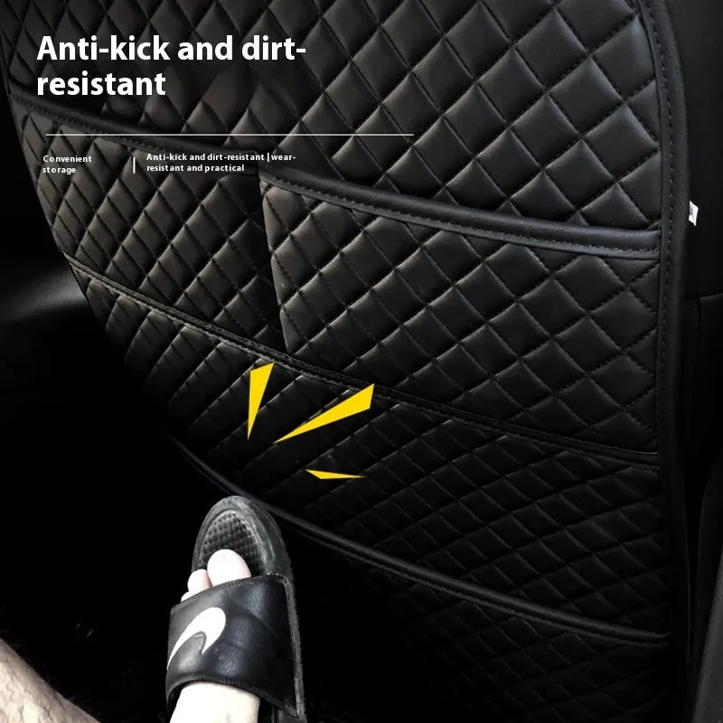 Leather car seat anti-kick pad with storage pocket in black, light gray, creamy-white, or camel