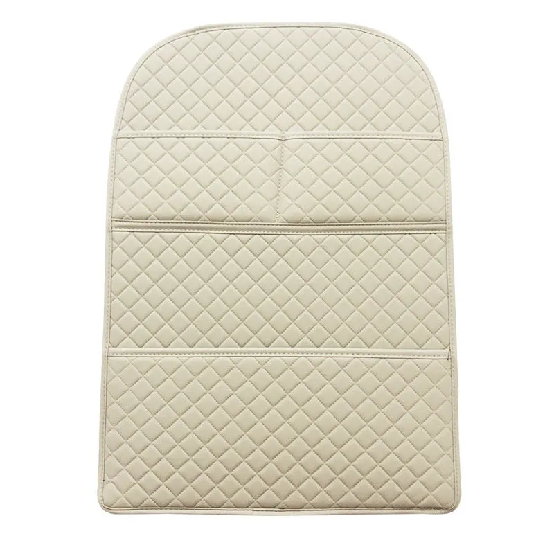 Leather car seat anti-kick pad with storage pocket in black, light gray, creamy-white, or camel