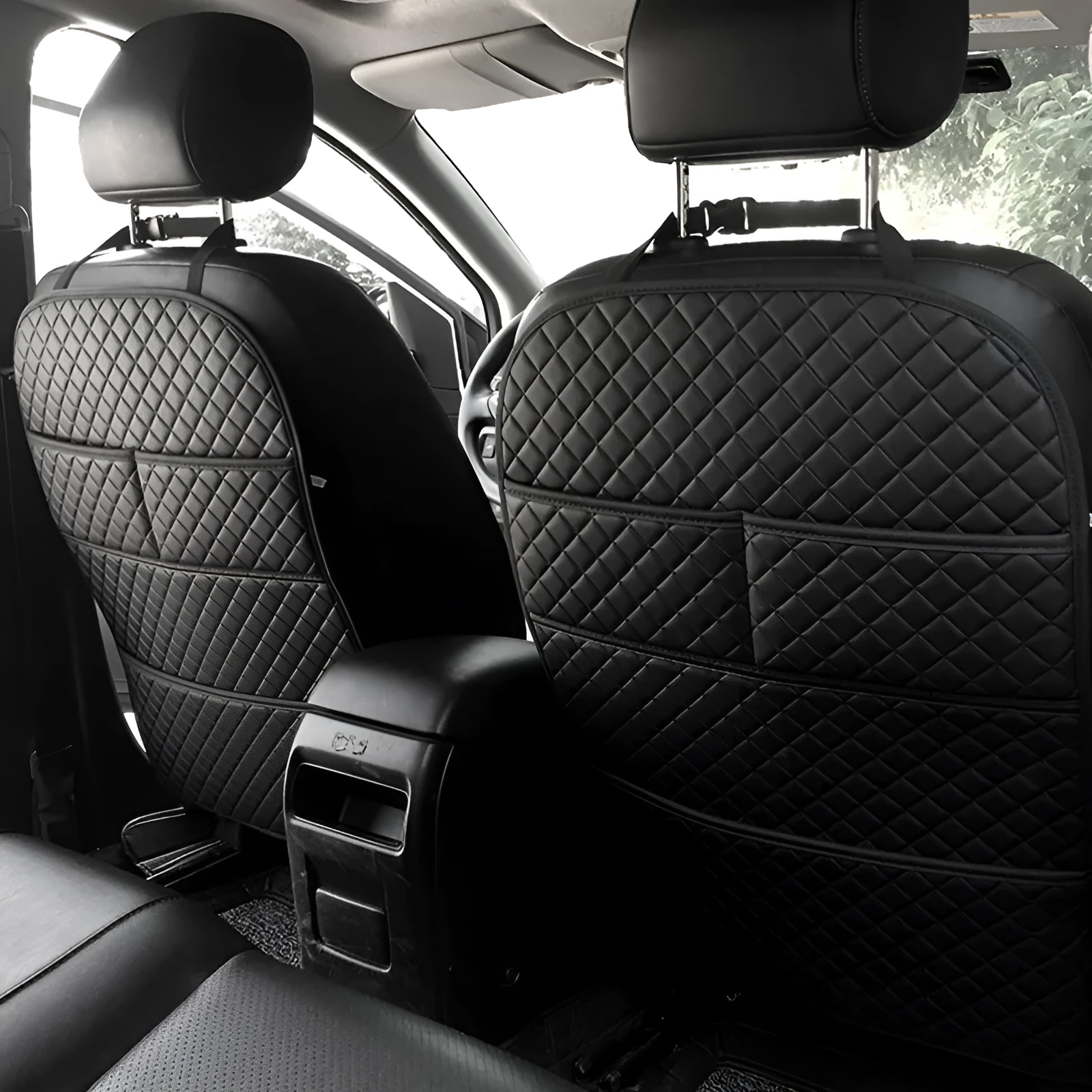 Leather car seat anti-kick pad with storage pocket in black, light gray, creamy-white, or camel