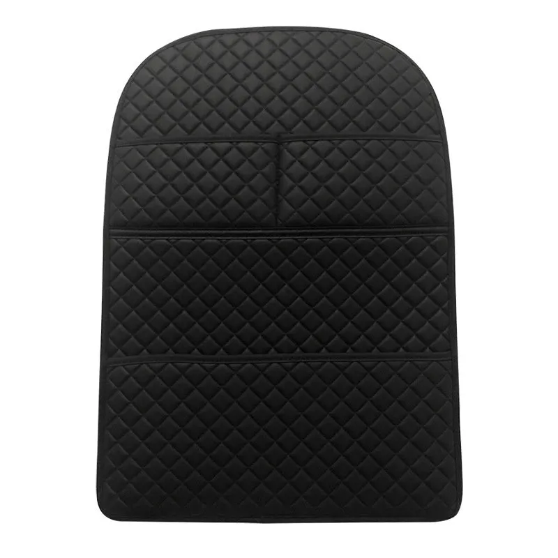 Leather car seat anti-kick pad with storage pocket in black, light gray, creamy-white, or camel