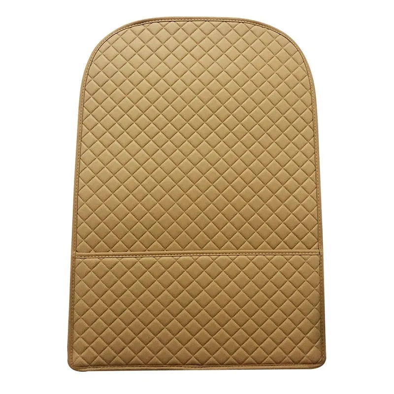 Leather car seat anti-kick pad with storage pocket in black, light gray, creamy-white, or camel