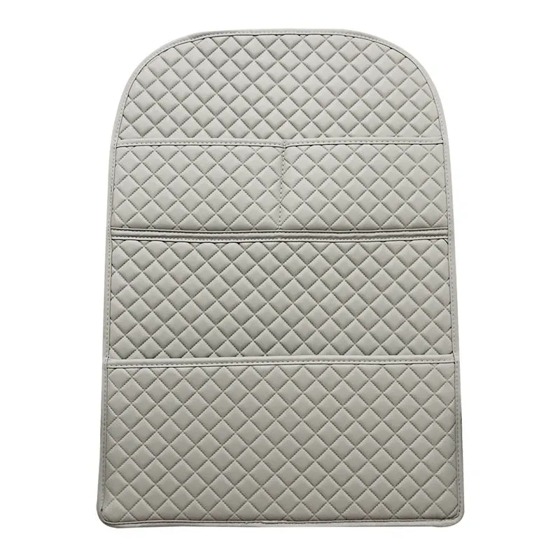 Leather car seat anti-kick pad with storage pocket in black, light gray, creamy-white, or camel