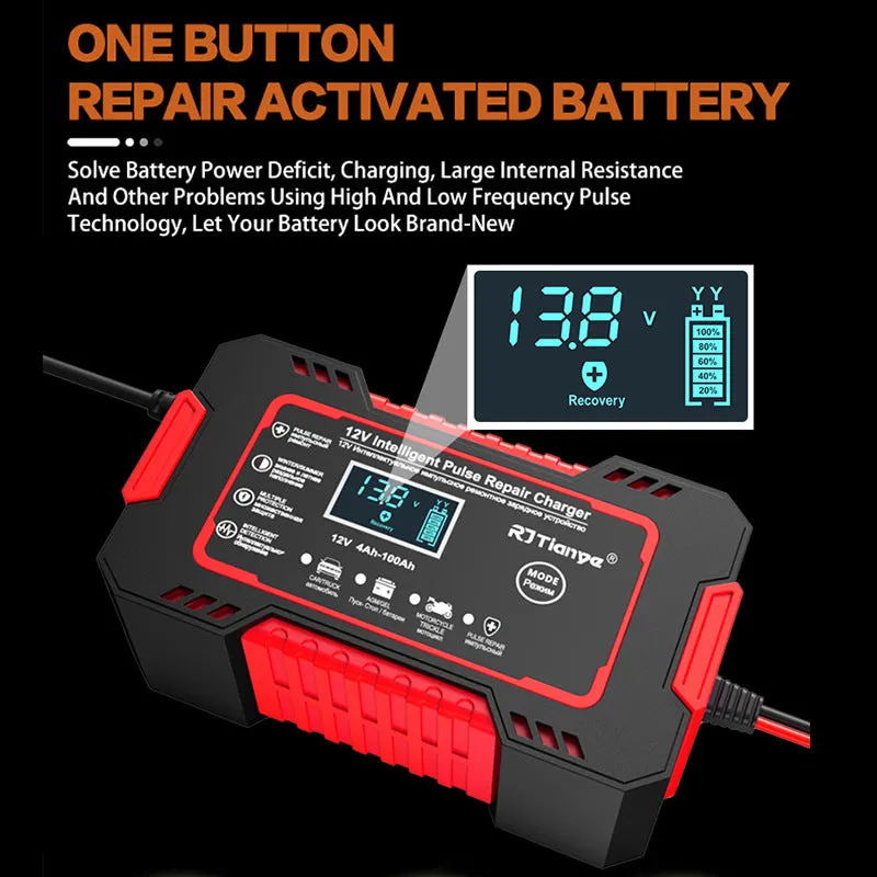 Car battery charger for lead acid batteries red US standard reverse connection protection on-screen display